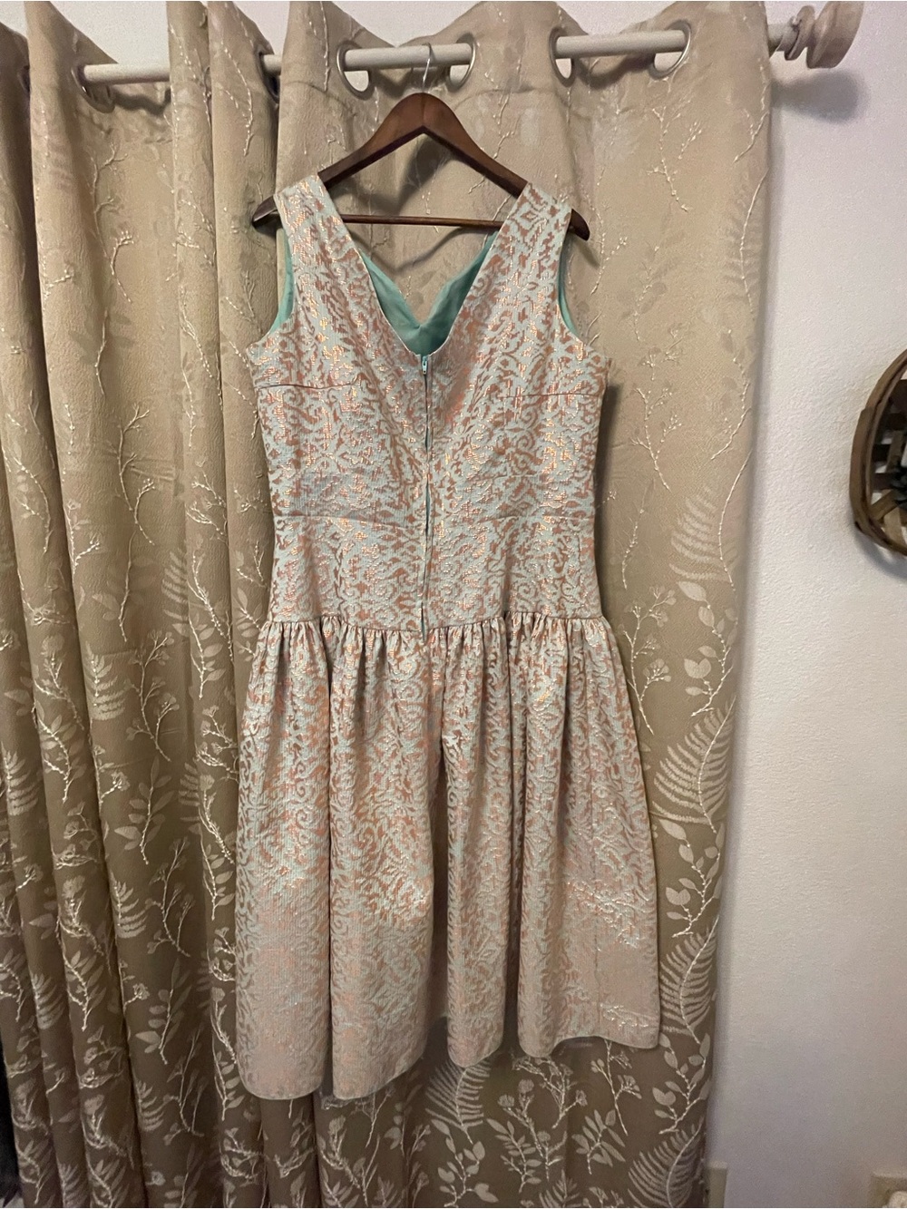 Sleeveless V-Neck Metallic Jacquard Fit & Flare Dress - Pink/mint green - Picture 2 of 3